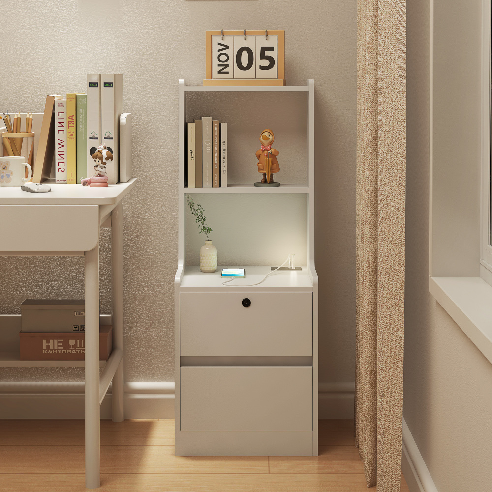 Nightstand with Charging Station, Smart Nightstand with Night Light, Modern Night Stand with Bookshelf, Bedside Tables with Storage Cabinet for Bedroom, Wood