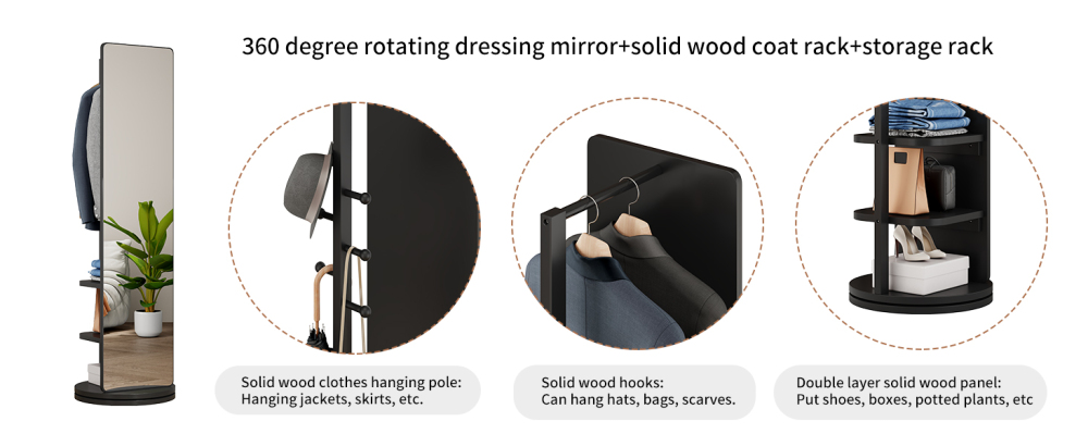 360° Rotating 66"x14" Multifunctional Full Length Mirror with Hook Storage Rack Coat Rack with Mirror Solid Wood Floor Mirror Bedroom Living Room Cloakroom Space Saving