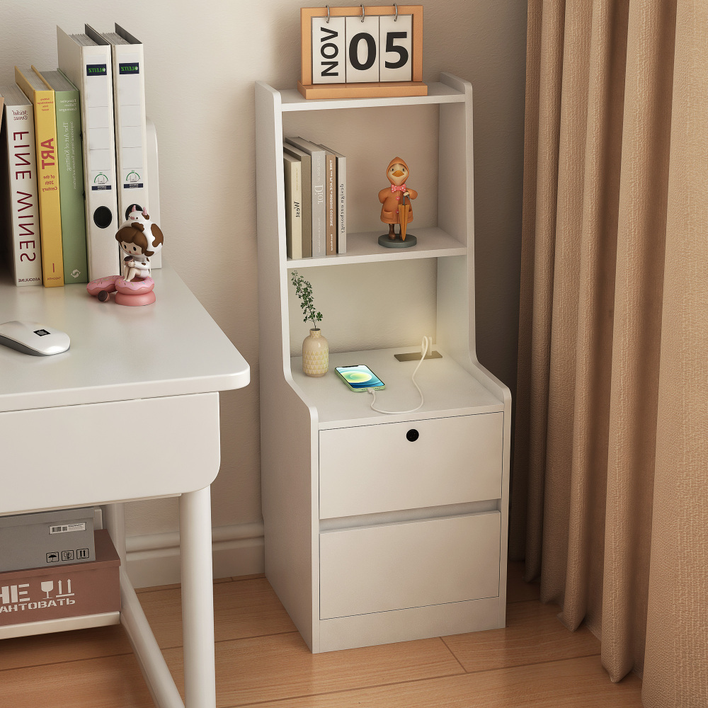 Nightstand with Charging Station, Smart Nightstand with Night Light, Modern Night Stand with Bookshelf, Bedside Tables with Storage Cabinet for Bedroom, Wood