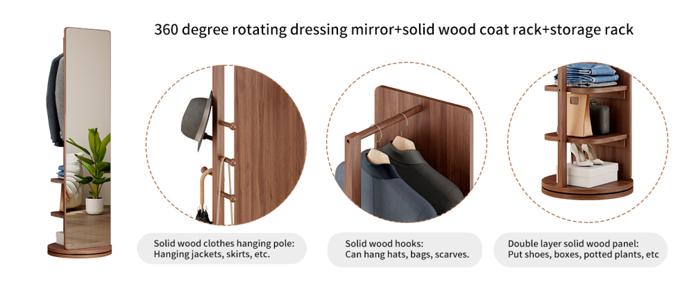360° Rotating 66"x14" Multifunctional Full Length Mirror with Hook Storage Rack Coat Rack with Mirror Solid Wood Floor Mirror Bedroom Living Room Cloakroom Space Saving