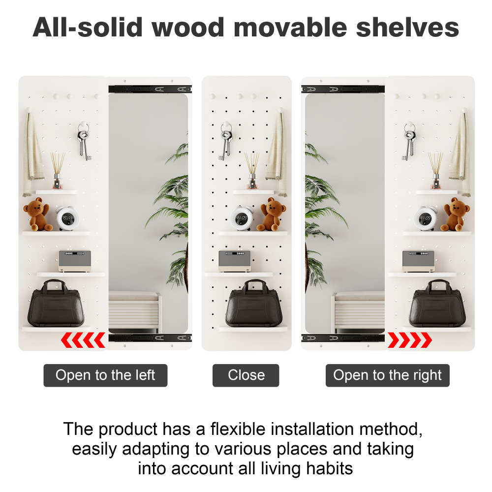 Wall Mounted Full Length Mirror, Full Body Mirror with Shelf, Full Body Mirror with Hook Wall Mounted Mirror with Multifunctional Design Panel, Bedroom/Living Room/Entrance
