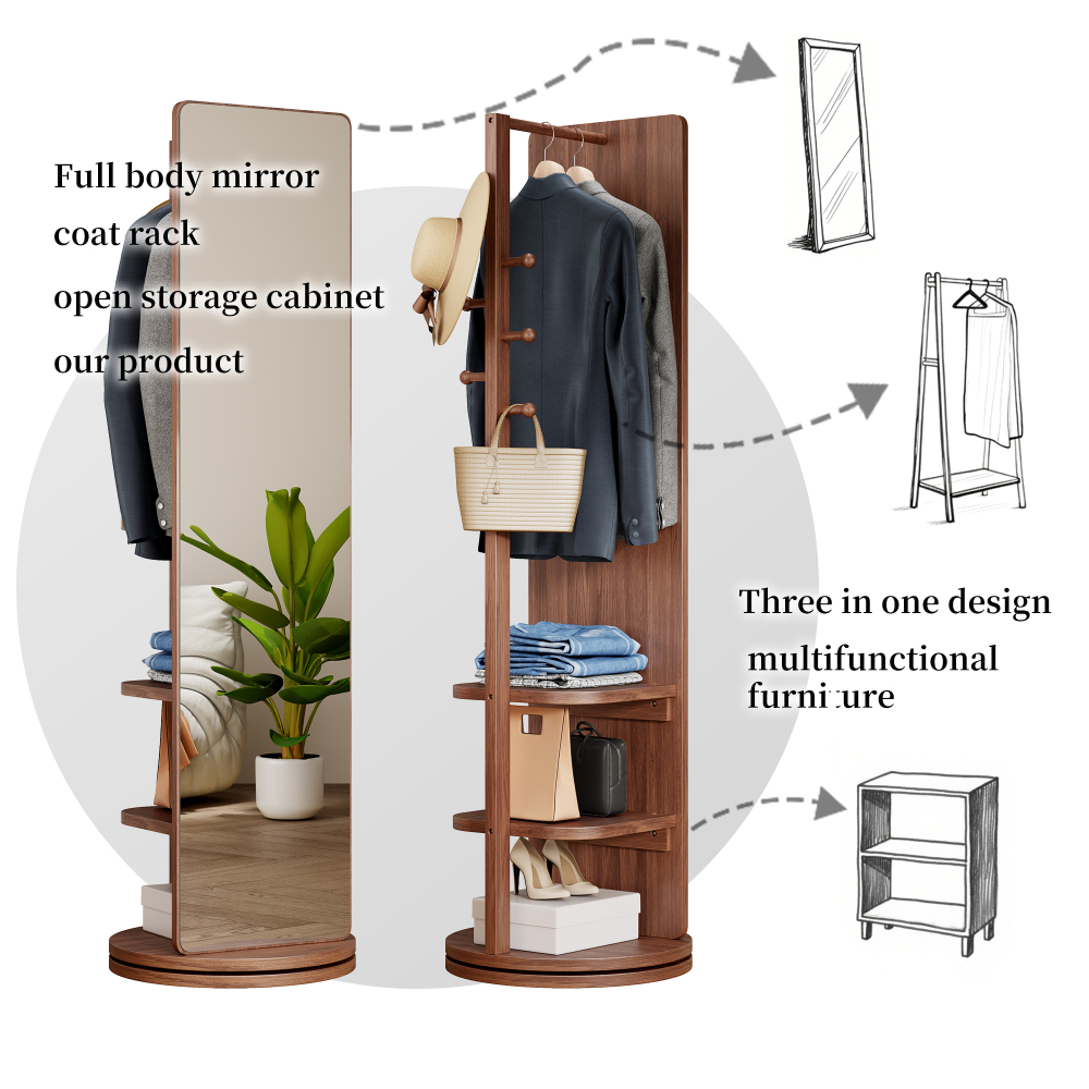 360° Rotating 66"x14" Multifunctional Full Length Mirror with Hook Storage Rack Coat Rack with Mirror Solid Wood Floor Mirror Bedroom Living Room Cloakroom Space Saving