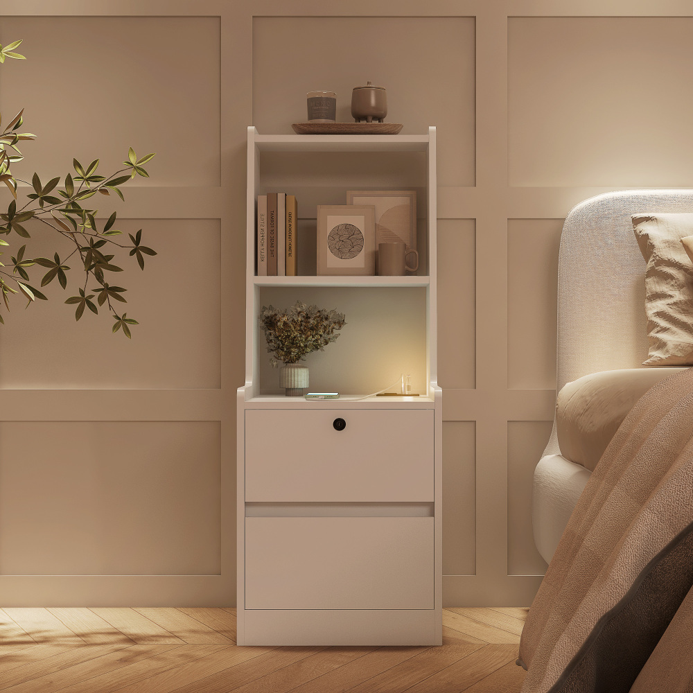 Nightstand with Charging Station, Smart Nightstand with Night Light, Modern Night Stand with Bookshelf, Bedside Tables with Storage Cabinet for Bedroom, Wood