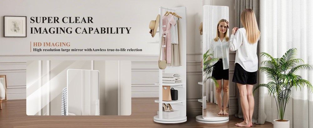 360° Rotating 66"x14" Multifunctional Full Length Mirror with Hook Storage Rack Coat Rack with Mirror Solid Wood Floor Mirror Bedroom Living Room Cloakroom Space Saving