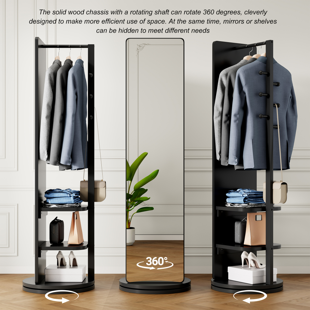 360° Rotating 66"x14" Multifunctional Full Length Mirror with Hook Storage Rack Coat Rack with Mirror Solid Wood Floor Mirror Bedroom Living Room Cloakroom Space Saving