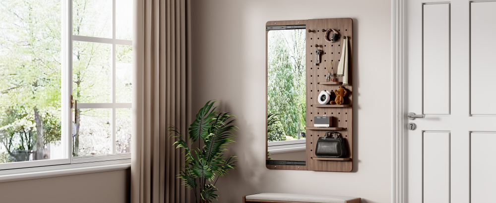 Wall Mounted Full Length Mirror, Full Body Mirror with Shelf, Full Body Mirror with Hook Wall Mounted Mirror with Multifunctional Design Panel, Bedroom/Living Room/Entrance