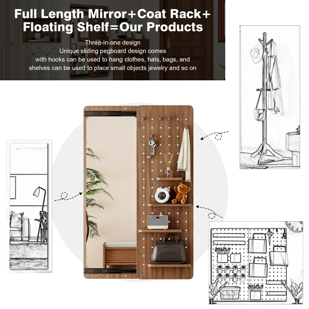 Wall Mounted Full Length Mirror, Full Body Mirror with Shelf, Full Body Mirror with Hook Wall Mounted Mirror with Multifunctional Design Panel, Bedroom/Living Room/Entrance