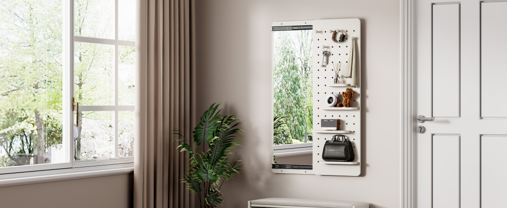 Wall Mounted Full Length Mirror, Full Body Mirror with Shelf, Full Body Mirror with Hook Wall Mounted Mirror with Multifunctional Design Panel, Bedroom/Living Room/Entrance