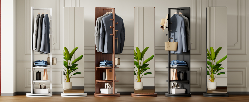 360° Rotating 66"x14" Multifunctional Full Length Mirror with Hook Storage Rack Coat Rack with Mirror Solid Wood Floor Mirror Bedroom Living Room Cloakroom Space Saving