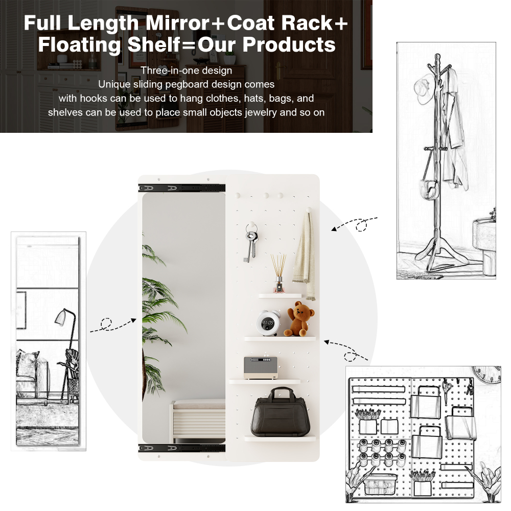Wall Mounted Full Length Mirror, Full Body Mirror with Shelf, Full Body Mirror with Hook Wall Mounted Mirror with Multifunctional Design Panel, Bedroom/Living Room/Entrance