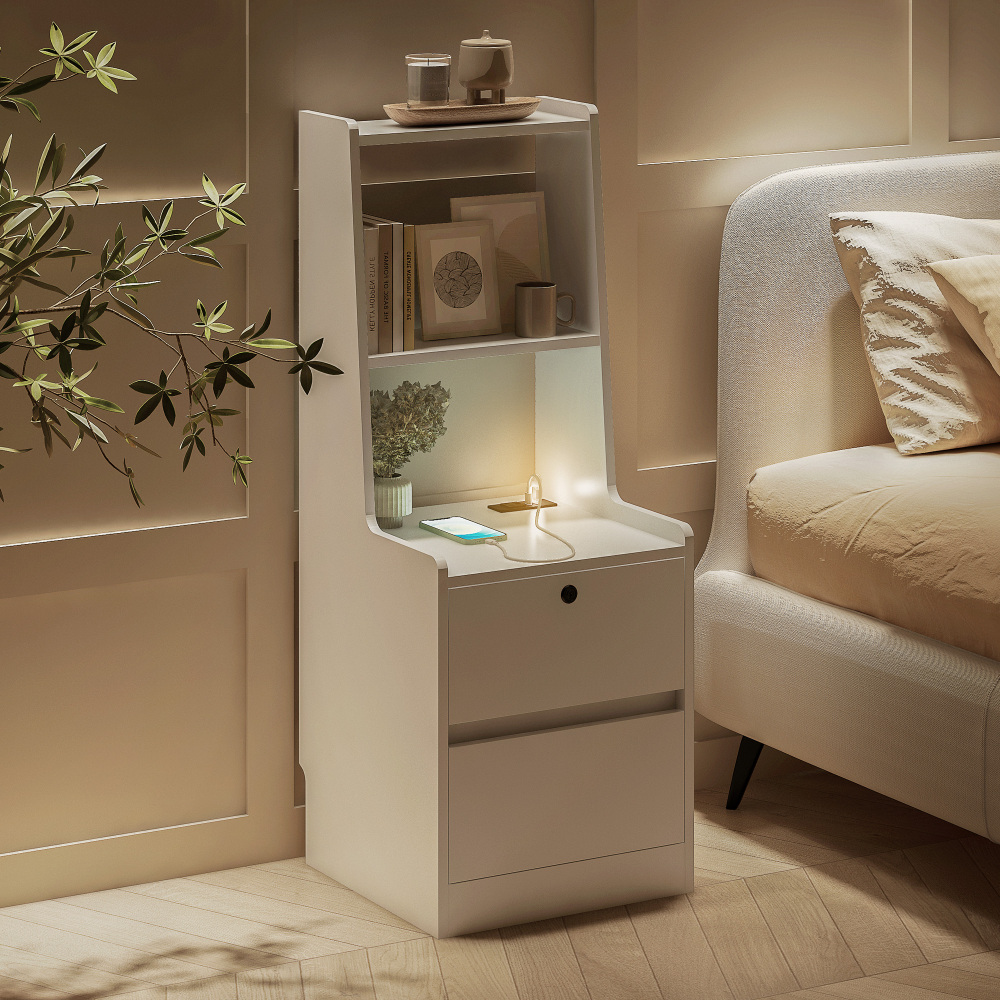 Nightstand with Charging Station, Smart Nightstand with Night Light, Modern Night Stand with Bookshelf, Bedside Tables with Storage Cabinet for Bedroom, Wood