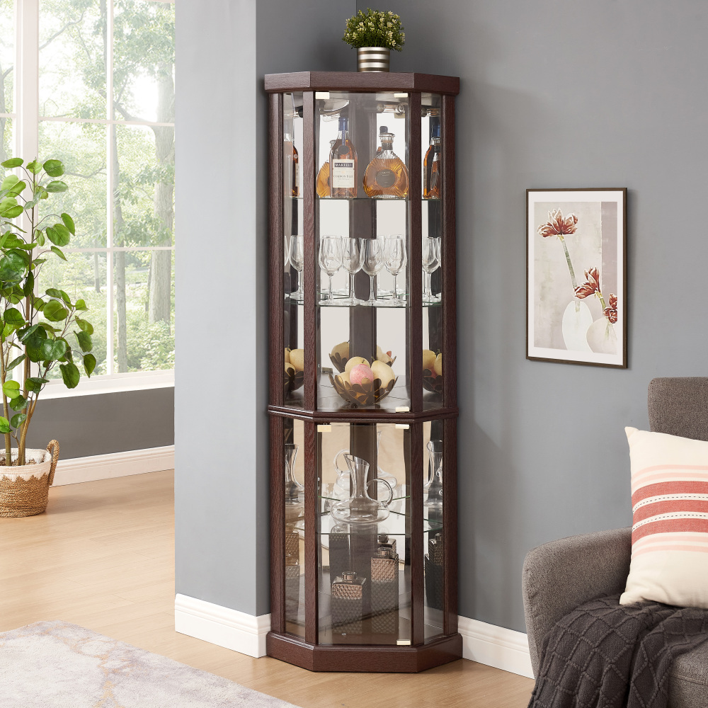 Lighted Corner Curio Cabinet - Elegant Glass Display Case for Living Room & Bar Storage - Perfect for Antique Collections & Wine - Includes Built-in Lighting - BLACK