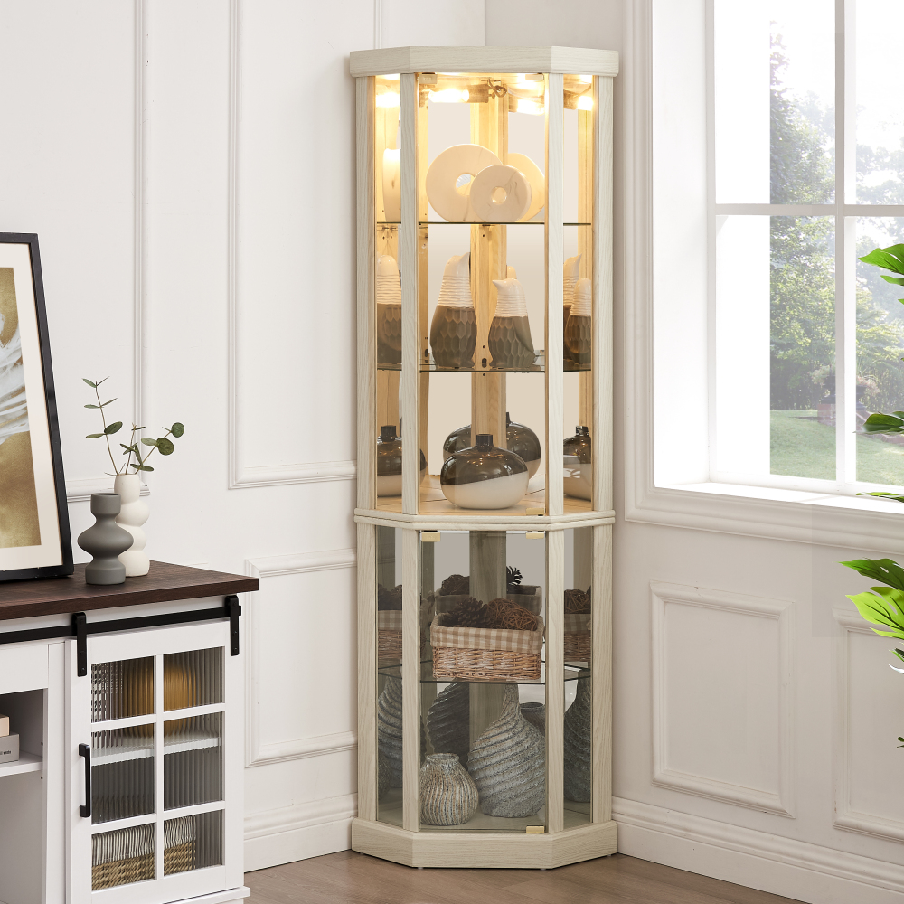 Lighted Corner Curio Cabinet - Elegant Glass Display Case for Living Room & Bar Storage - Perfect for Antique Collections & Wine - Includes Built-in Lighting - BLACK