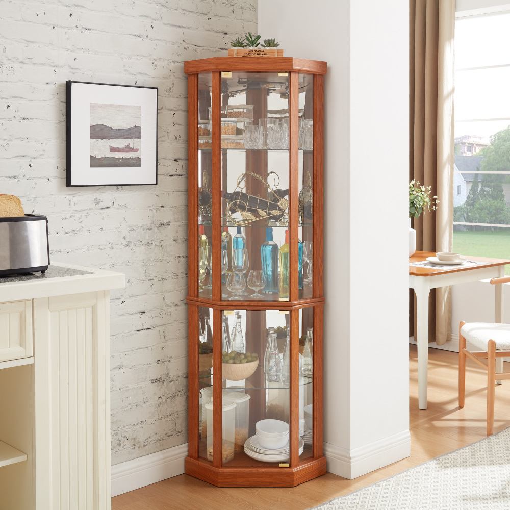 Lighted Corner Curio Cabinet - Elegant Glass Display Case for Living Room & Bar Storage - Perfect for Antique Collections & Wine - Includes Built-in Lighting - BLACK