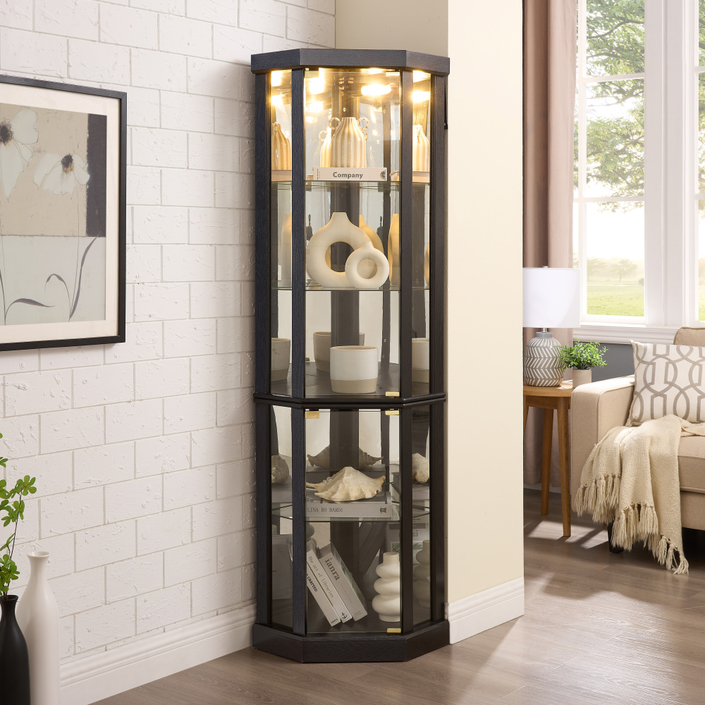 Lighted Corner Curio Cabinet - Elegant Glass Display Case for Living Room & Bar Storage - Perfect for Antique Collections & Wine - Includes Built-in Lighting - BLACK