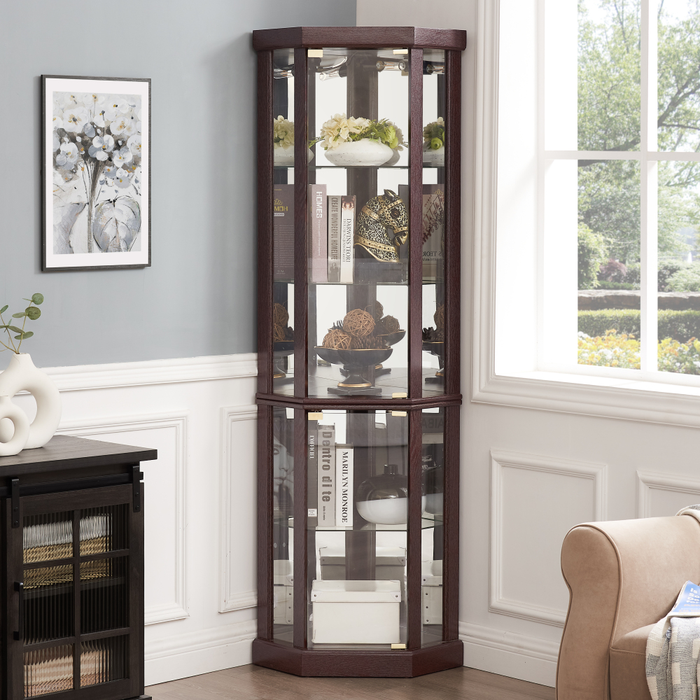 Lighted Corner Curio Cabinet - Elegant Glass Display Case for Living Room & Bar Storage - Perfect for Antique Collections & Wine - Includes Built-in Lighting - BLACK