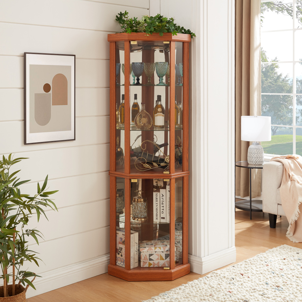 Lighted Corner Curio Cabinet - Elegant Glass Display Case for Living Room & Bar Storage - Perfect for Antique Collections & Wine - Includes Built-in Lighting - BLACK