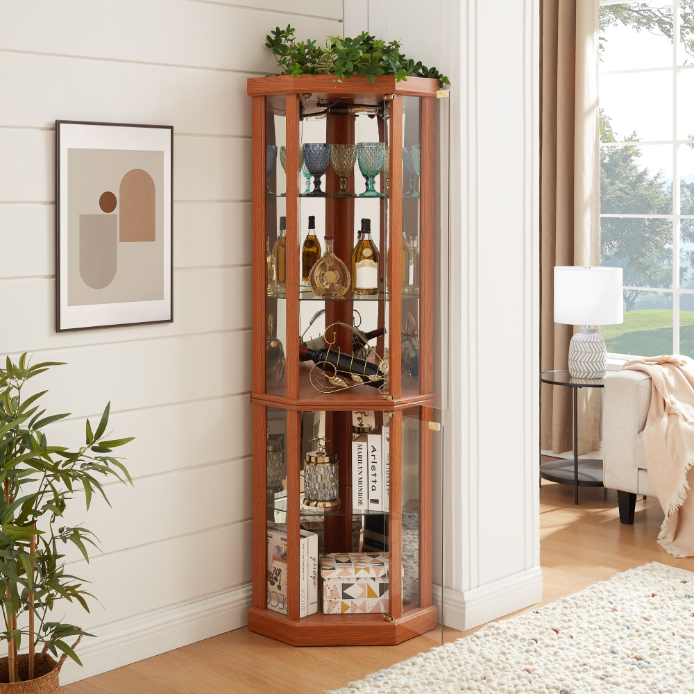 Lighted Corner Curio Cabinet - Elegant Glass Display Case for Living Room & Bar Storage - Perfect for Antique Collections & Wine - Includes Built-in Lighting - BLACK