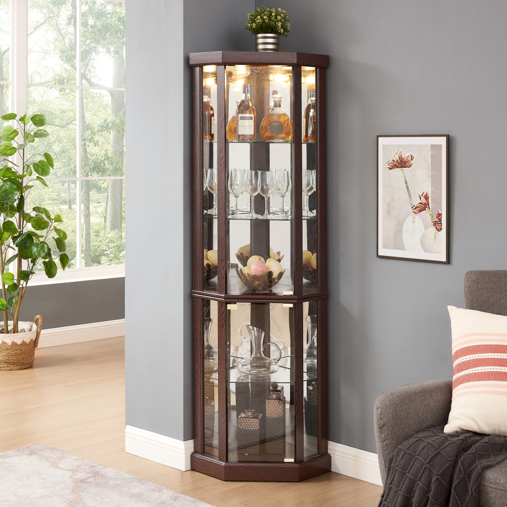 Lighted Corner Curio Cabinet - Elegant Glass Display Case for Living Room & Bar Storage - Perfect for Antique Collections & Wine - Includes Built-in Lighting - BLACK