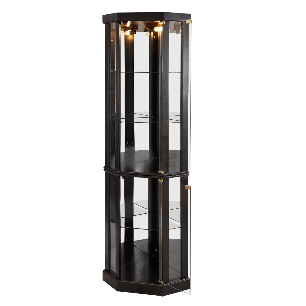 Lighted Corner Curio Cabinet - Elegant Glass Display Case for Living Room & Bar Storage - Perfect for Antique Collections & Wine - Includes Built-in Lighting - BLACK
