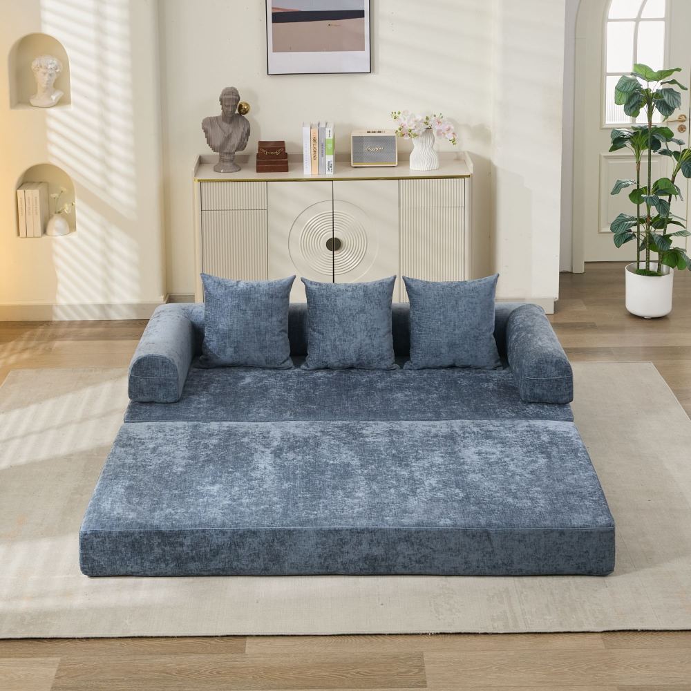 Comfy Convertible Folding Mattress Couch, Floor Sofa Bed, Chenille Floor Sofa with Armrest, Floor Sofa Lounge Couch for Living Room Bedroom Lounge Studio-Beige