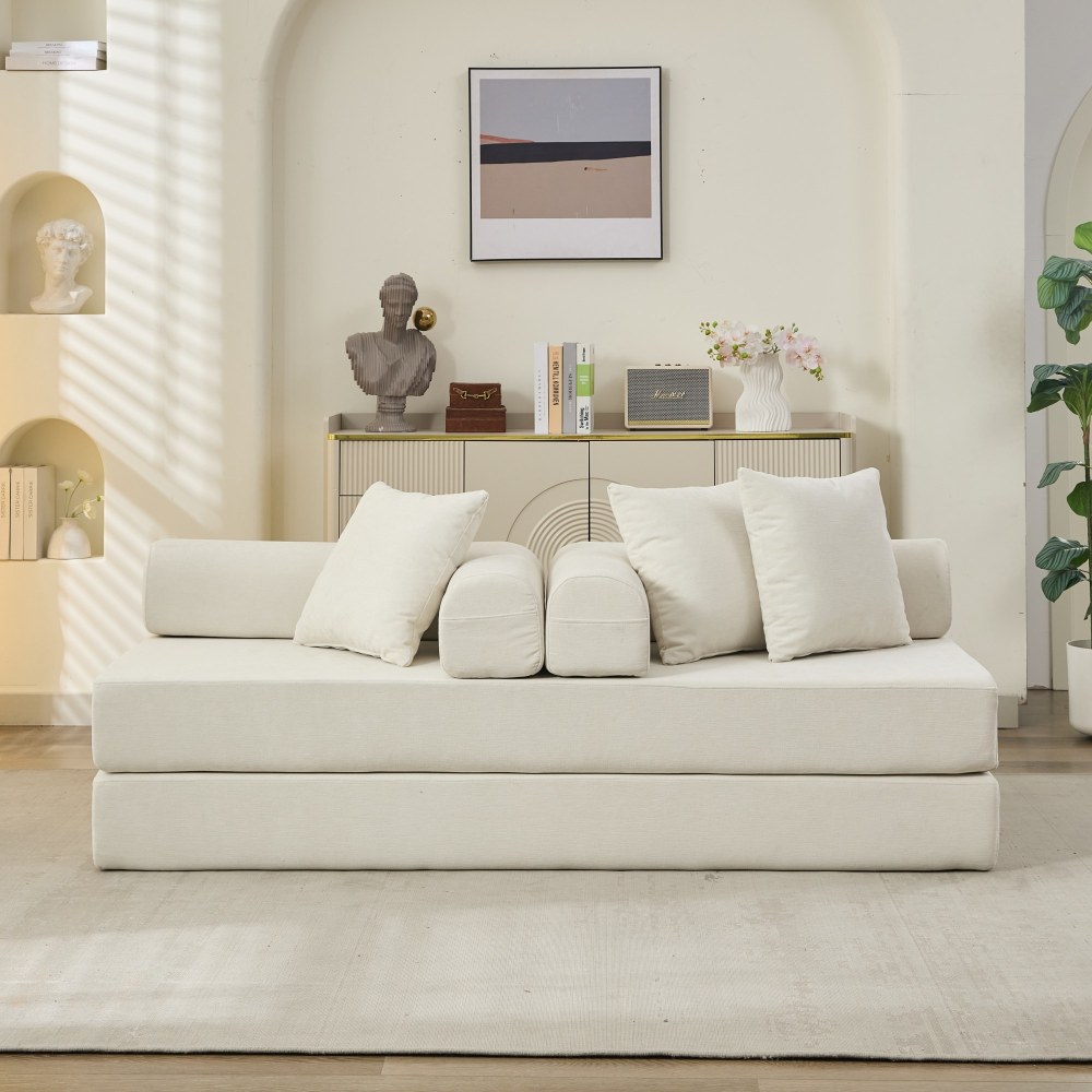 Comfy Convertible Folding Mattress Couch, Floor Sofa Bed, Chenille Floor Sofa with Armrest, Floor Sofa Lounge Couch for Living Room Bedroom Lounge Studio-Beige