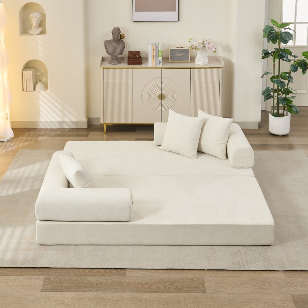 Comfy Convertible Folding Mattress Couch, Floor Sofa Bed, Chenille Floor Sofa with Armrest, Floor Sofa Lounge Couch for Living Room Bedroom Lounge Studio-Beige