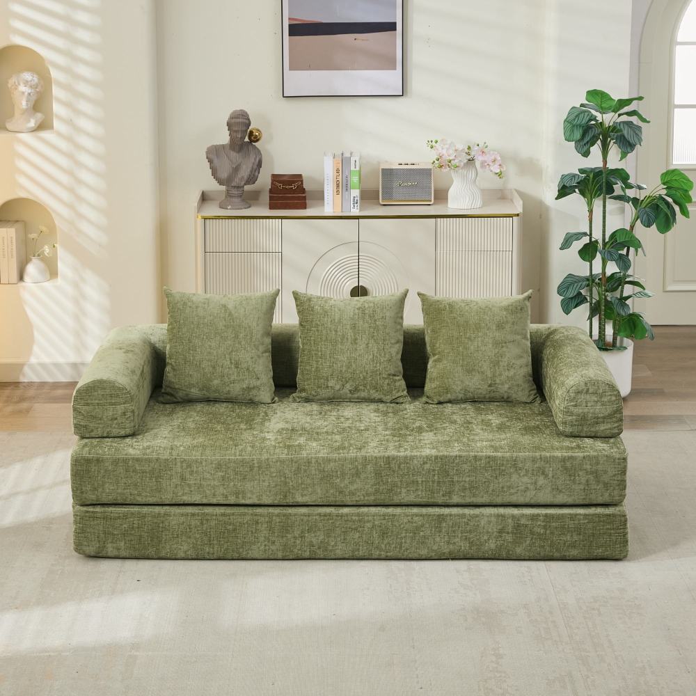 Comfy Convertible Folding Mattress Couch, Floor Sofa Bed, Chenille Floor Sofa with Armrest, Floor Sofa Lounge Couch for Living Room Bedroom Lounge Studio-Beige