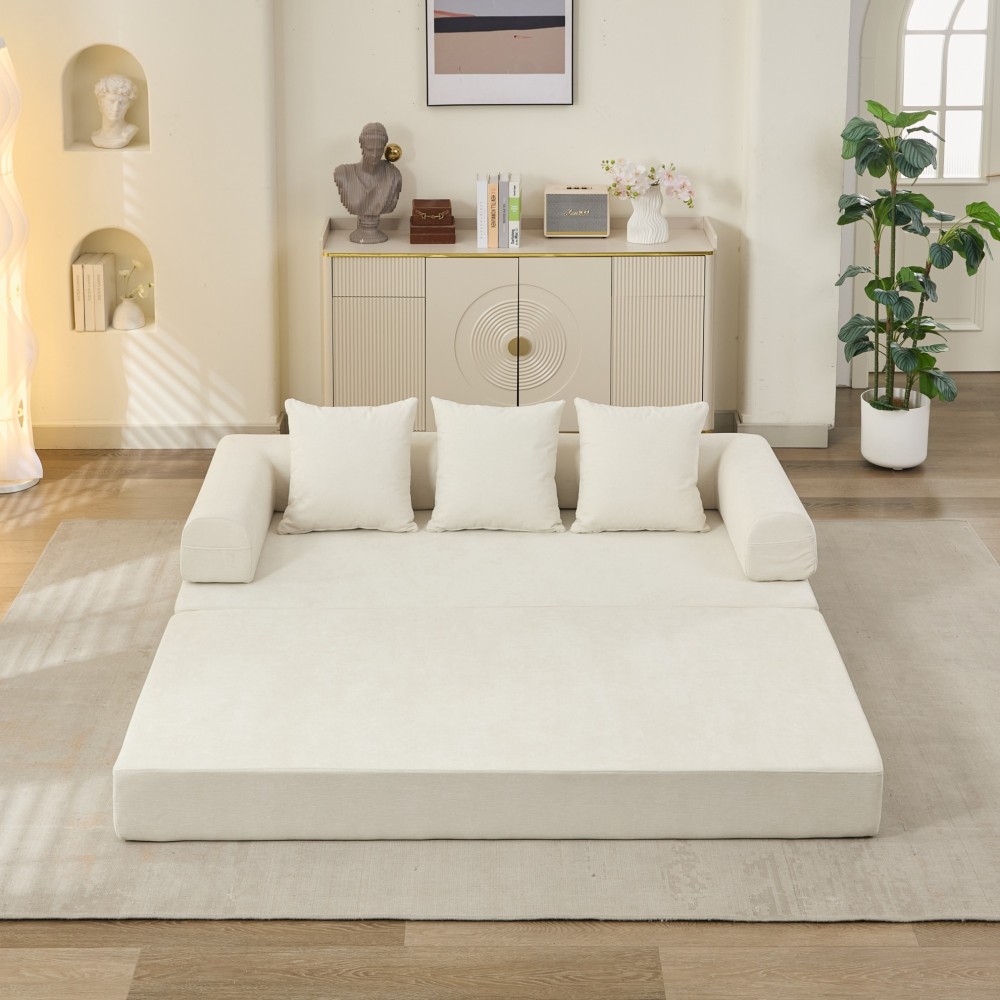 Comfy Convertible Folding Mattress Couch, Floor Sofa Bed, Chenille Floor Sofa with Armrest, Floor Sofa Lounge Couch for Living Room Bedroom Lounge Studio-Beige