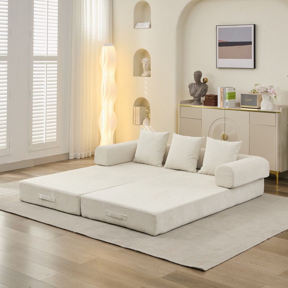 Comfy Convertible Folding Mattress Couch, Floor Sofa Bed, Chenille Floor Sofa with Armrest, Floor Sofa Lounge Couch for Living Room Bedroom Lounge Studio-Beige
