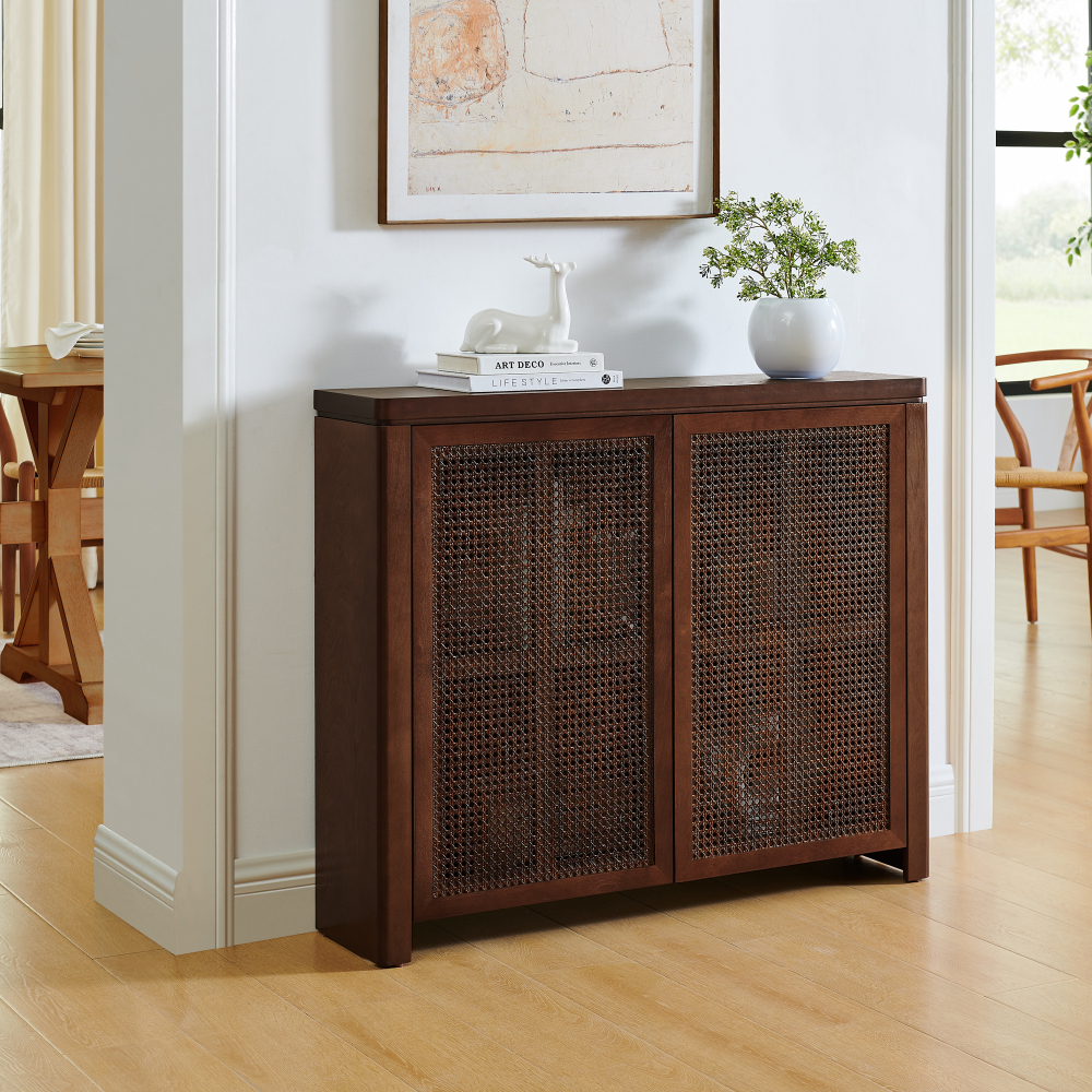 39.4" Mid Century Modern Rattan Sideboard Buffet Cabinet with 2 Outlet Holes, Coffee Bar Wine Bar Credenza, Retro Storage Cabinet for Entryway, Hallway, Living Room, Kitchen, Dining Room, Walnut
