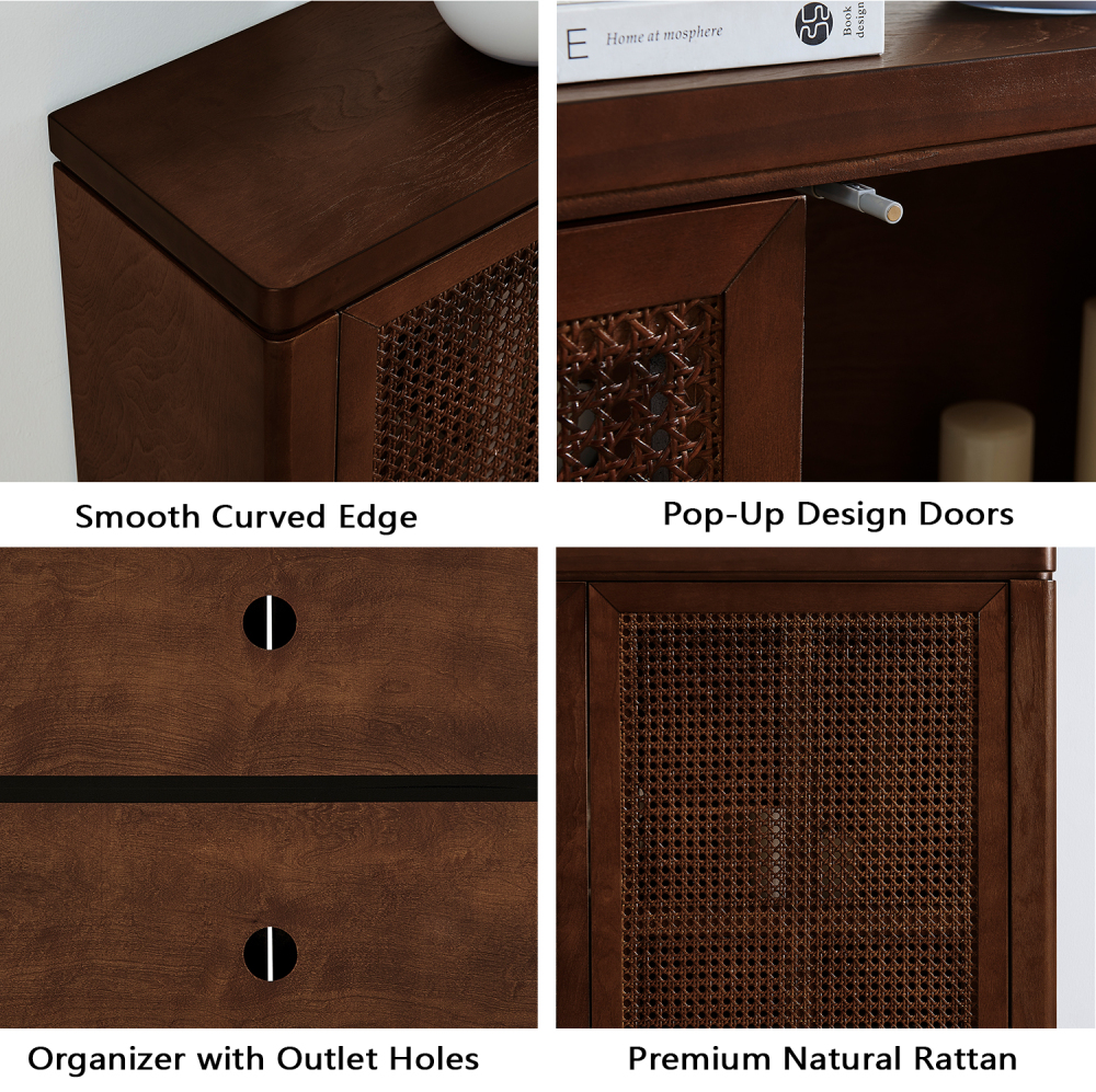 39.4" Mid Century Modern Rattan Sideboard Buffet Cabinet with 2 Outlet Holes, Coffee Bar Wine Bar Credenza, Retro Storage Cabinet for Entryway, Hallway, Living Room, Kitchen, Dining Room, Walnut