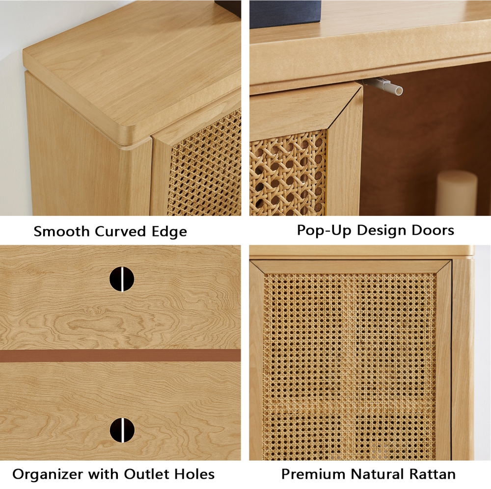 39.4" Mid Century Modern Rattan Sideboard Buffet Cabinet with 2 Outlet Holes, Coffee Bar Wine Bar Credenza, Retro Storage Cabinet for Entryway, Hallway, Living Room, Kitchen, Dining Room, Walnut