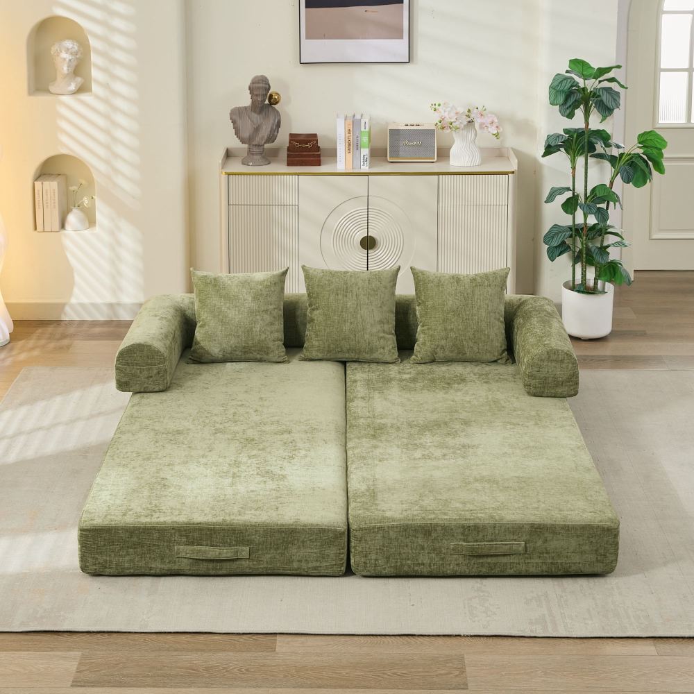 Comfy Convertible Folding Mattress Couch, Floor Sofa Bed, Chenille Floor Sofa with Armrest, Floor Sofa Lounge Couch for Living Room Bedroom Lounge Studio-Beige