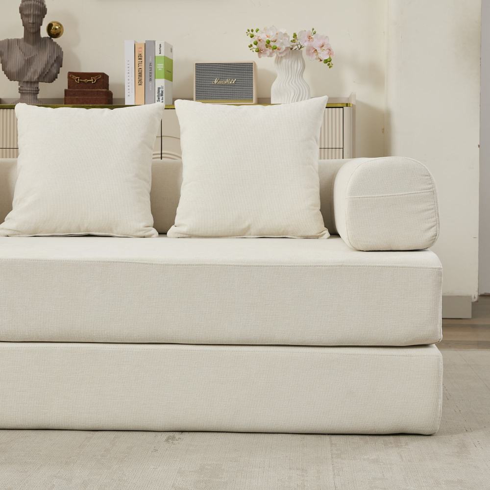 Comfy Convertible Folding Mattress Couch, Floor Sofa Bed, Chenille Floor Sofa with Armrest, Floor Sofa Lounge Couch for Living Room Bedroom Lounge Studio-Beige
