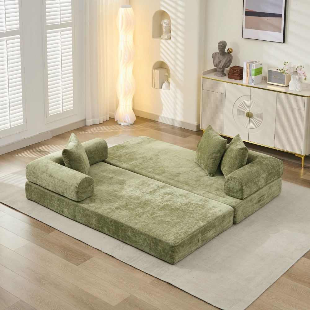 Comfy Convertible Folding Mattress Couch, Floor Sofa Bed, Chenille Floor Sofa with Armrest, Floor Sofa Lounge Couch for Living Room Bedroom Lounge Studio-Beige