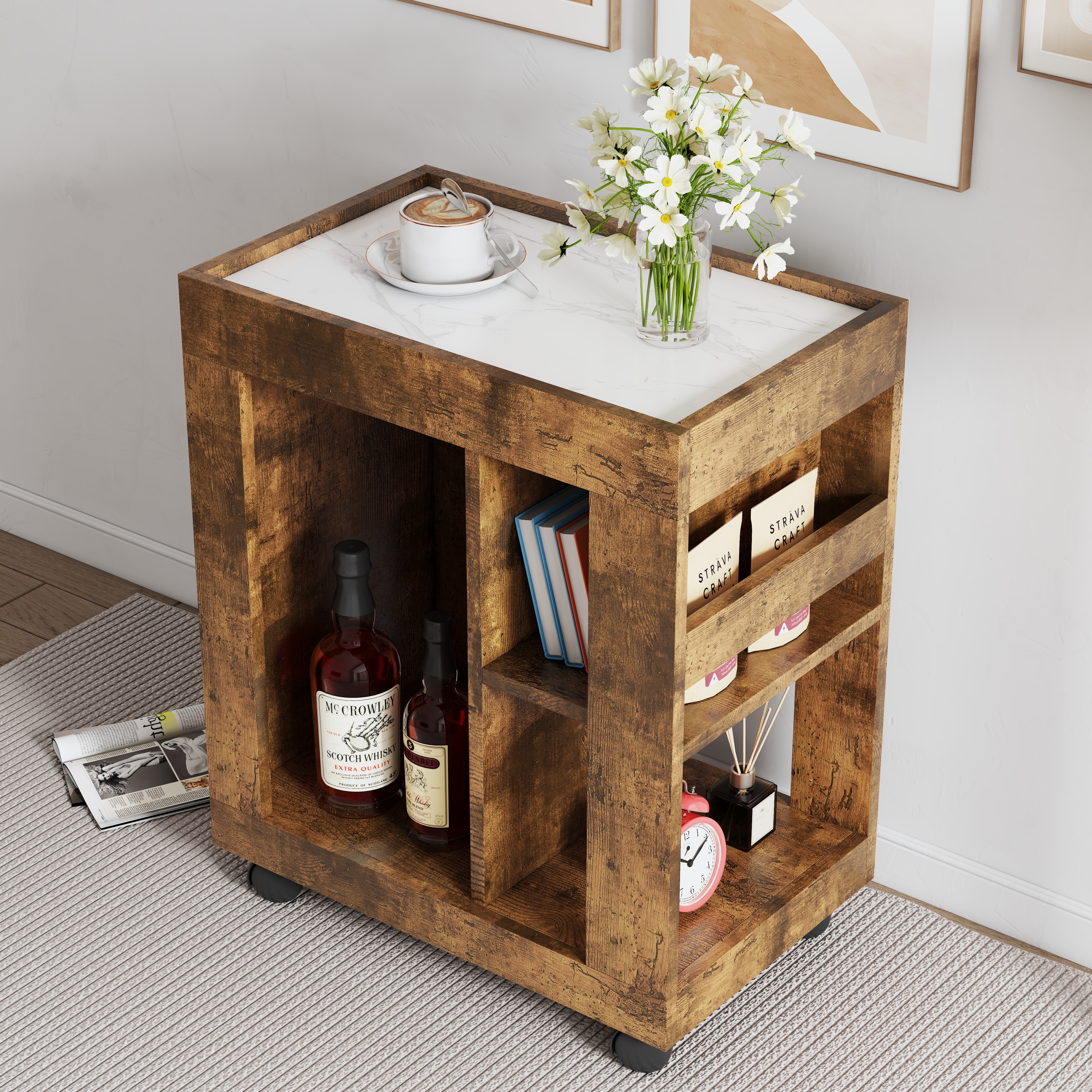 Mid-century modern style movable side cabinet for sofa, household brown trolley storage locker and shelf for living room