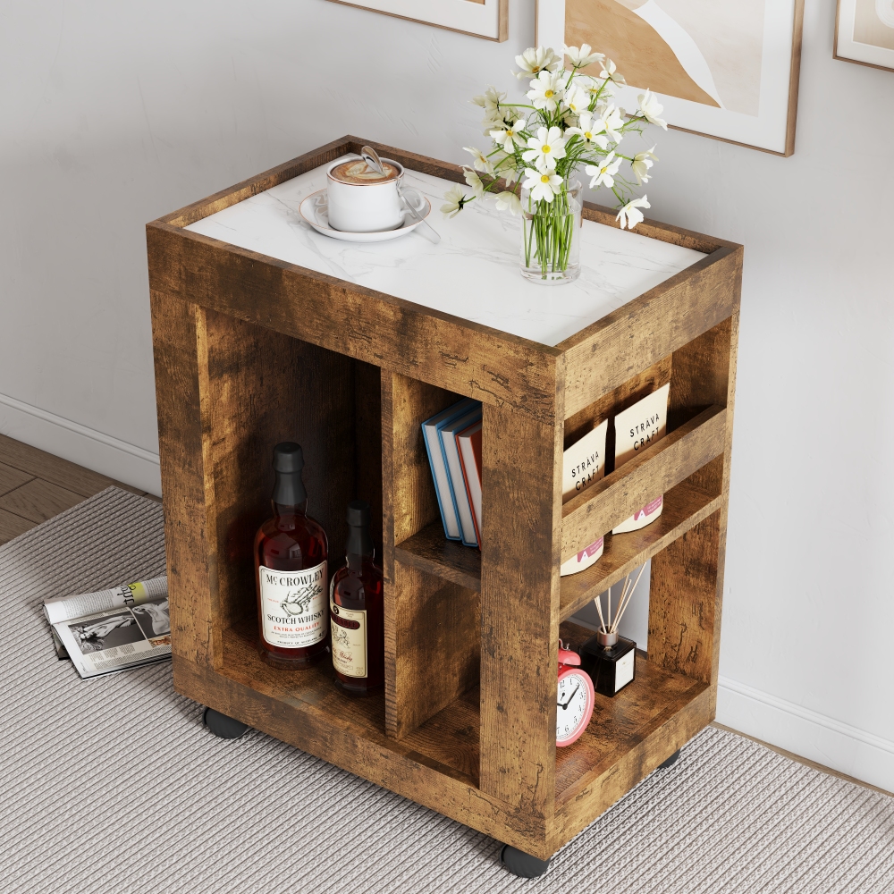 Mid-century modern style movable side cabinet for sofa, household brown trolley storage locker and shelf for living room