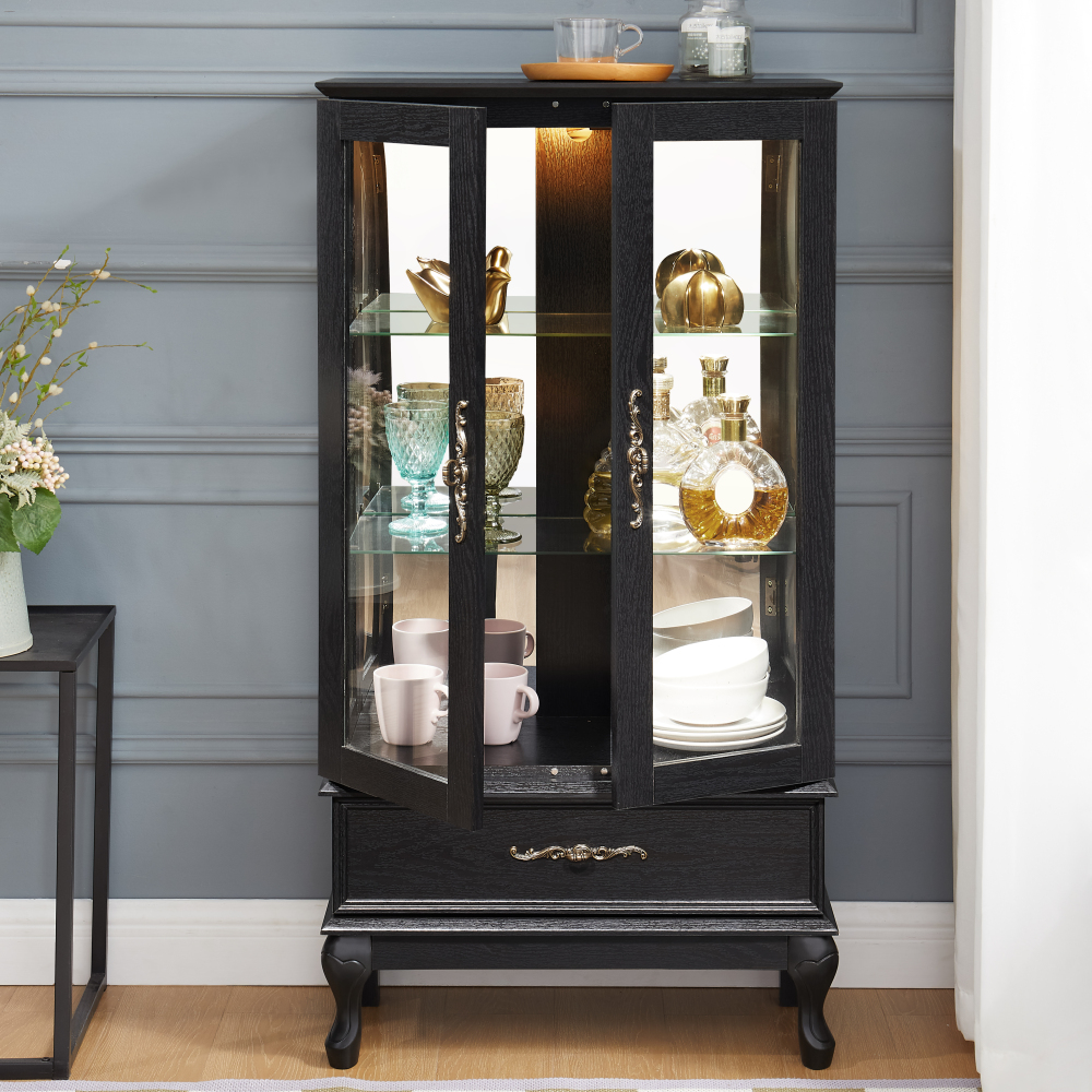 Lighted Curio Cabinet with Glass Doors and Adjustable Shelves 2 Door Wine Cabinet Display Curio Cabinet with LED Lights Light Black Finish and Drawer for Home Decor and Storage