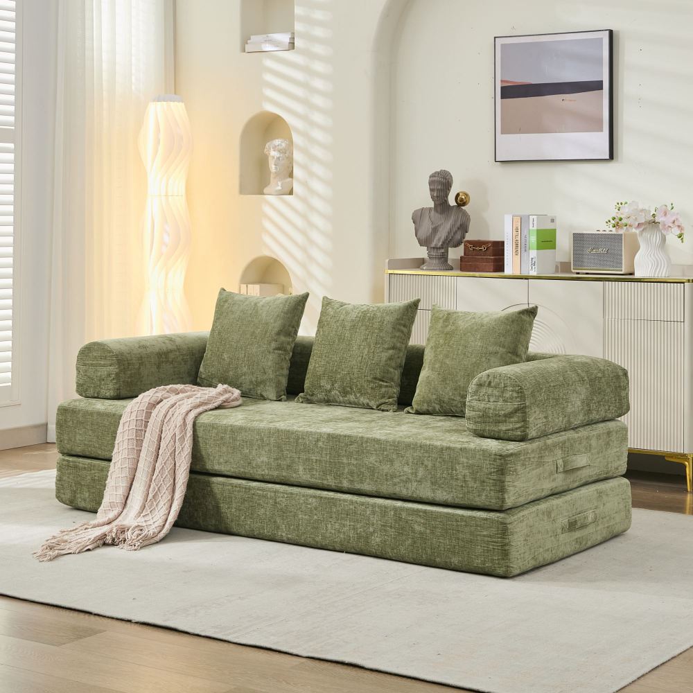 Comfy Convertible Folding Mattress Couch, Floor Sofa Bed, Chenille Floor Sofa with Armrest, Floor Sofa Lounge Couch for Living Room Bedroom Lounge Studio-Beige