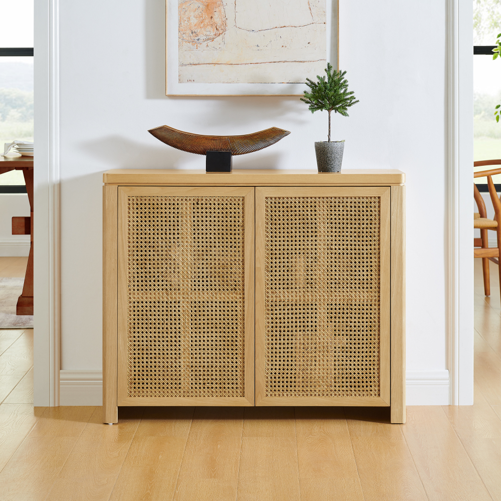 39.4" Mid Century Modern Rattan Sideboard Buffet Cabinet with 2 Outlet Holes, Coffee Bar Wine Bar Credenza, Retro Storage Cabinet for Entryway, Hallway, Living Room, Kitchen, Dining Room, Walnut