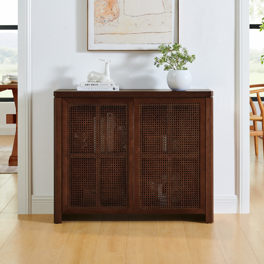 39.4" Mid Century Modern Rattan Sideboard Buffet Cabinet with 2 Outlet Holes, Coffee Bar Wine Bar Credenza, Retro Storage Cabinet for Entryway, Hallway, Living Room, Kitchen, Dining Room, Walnut