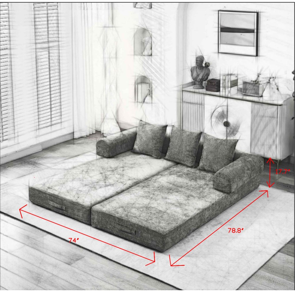 Comfy Convertible Folding Mattress Couch, Floor Sofa Bed, Chenille Floor Sofa with Armrest, Floor Sofa Lounge Couch for Living Room Bedroom Lounge Studio-Beige