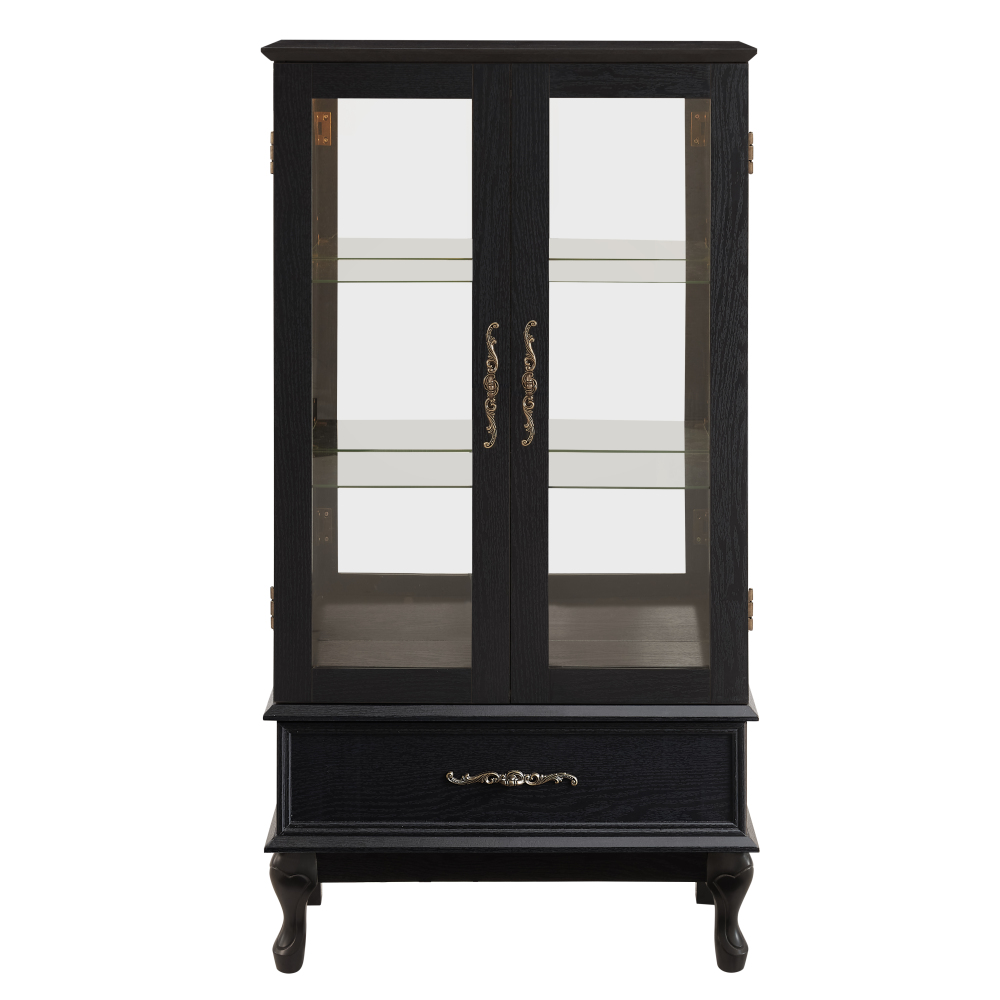 Lighted Curio Cabinet with Glass Doors and Adjustable Shelves 2 Door Wine Cabinet Display Curio Cabinet with LED Lights Light Black Finish and Drawer for Home Decor and Storage