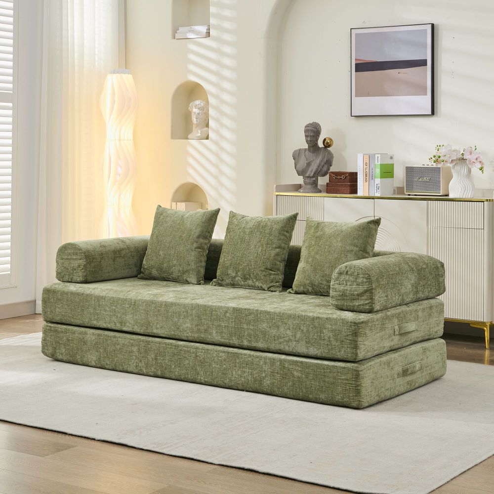Comfy Convertible Folding Mattress Couch, Floor Sofa Bed, Chenille Floor Sofa with Armrest, Floor Sofa Lounge Couch for Living Room Bedroom Lounge Studio-Beige