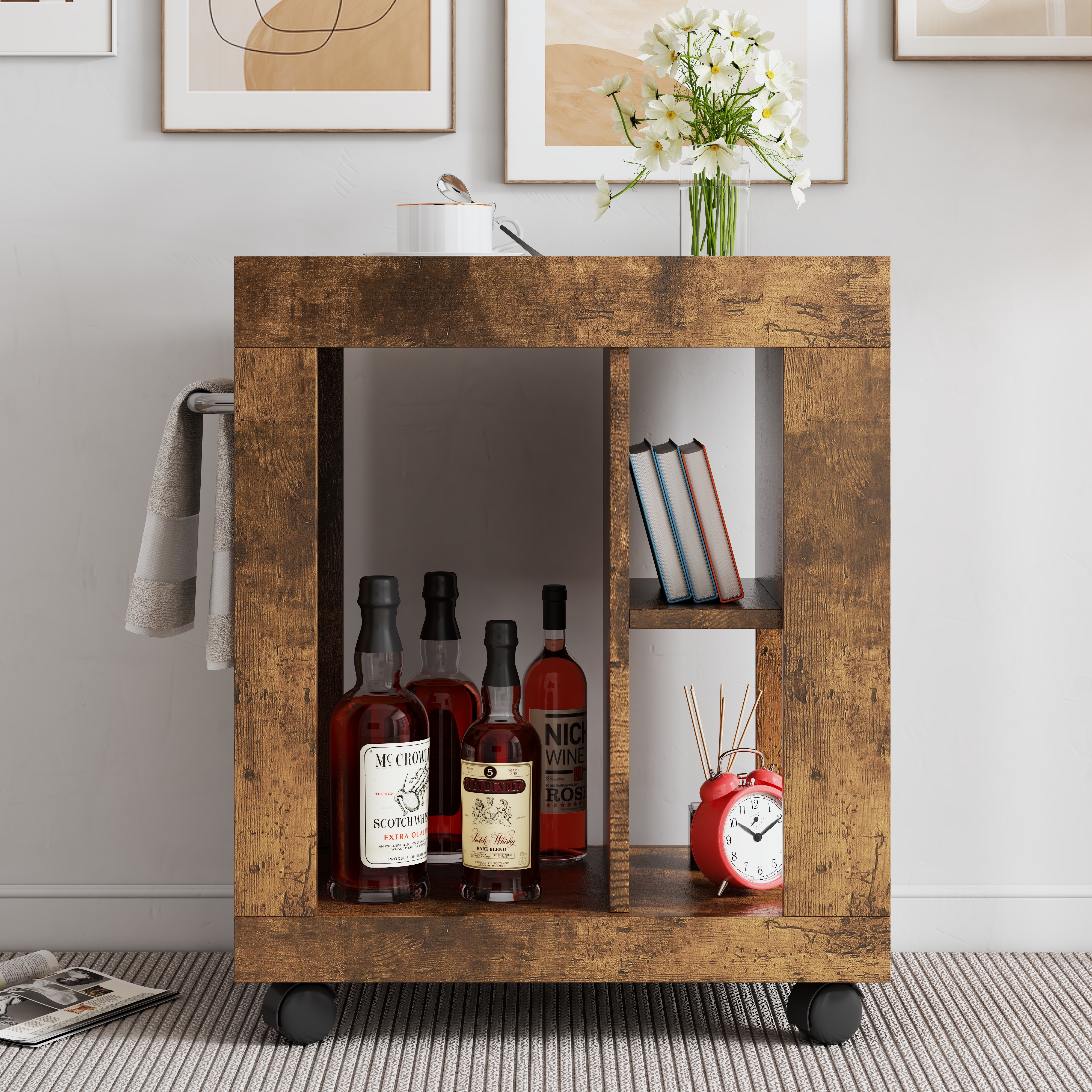 Mid-century modern style movable side cabinet for sofa, household brown trolley storage locker and shelf for living room