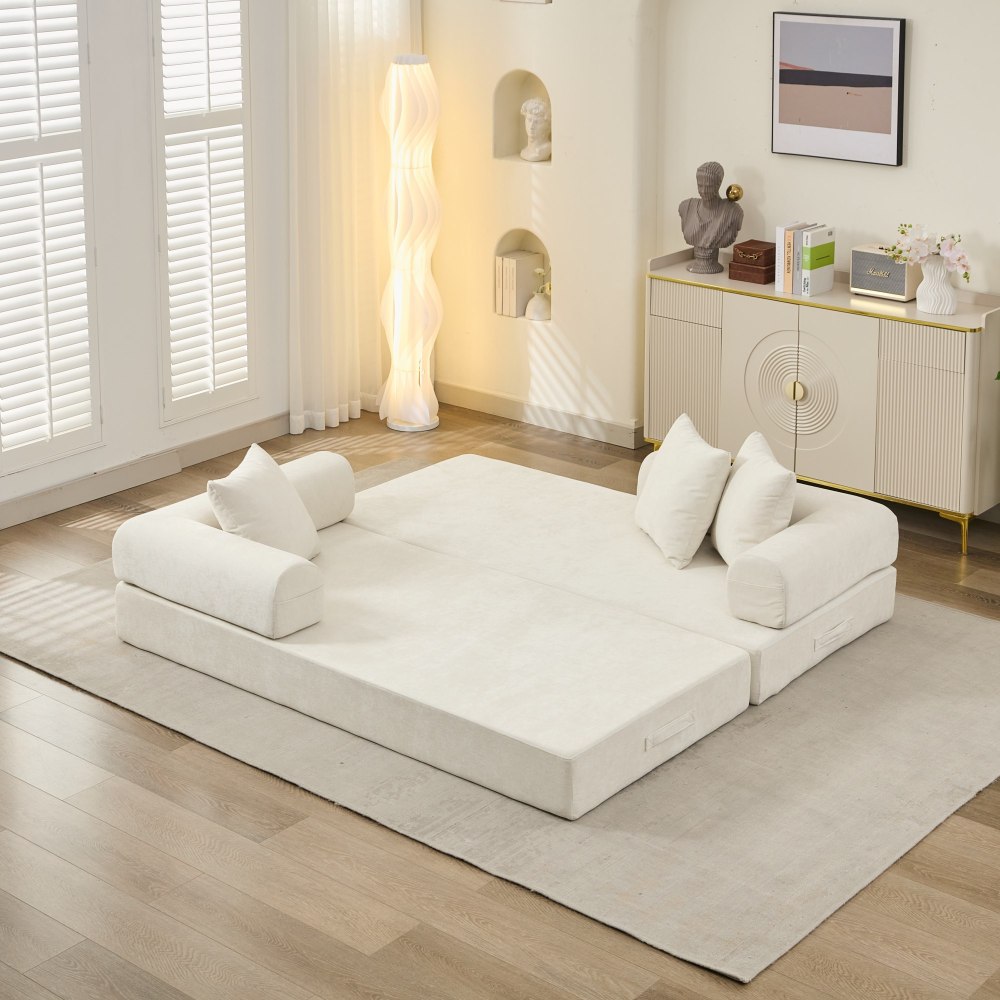 Comfy Convertible Folding Mattress Couch, Floor Sofa Bed, Chenille Floor Sofa with Armrest, Floor Sofa Lounge Couch for Living Room Bedroom Lounge Studio-Beige