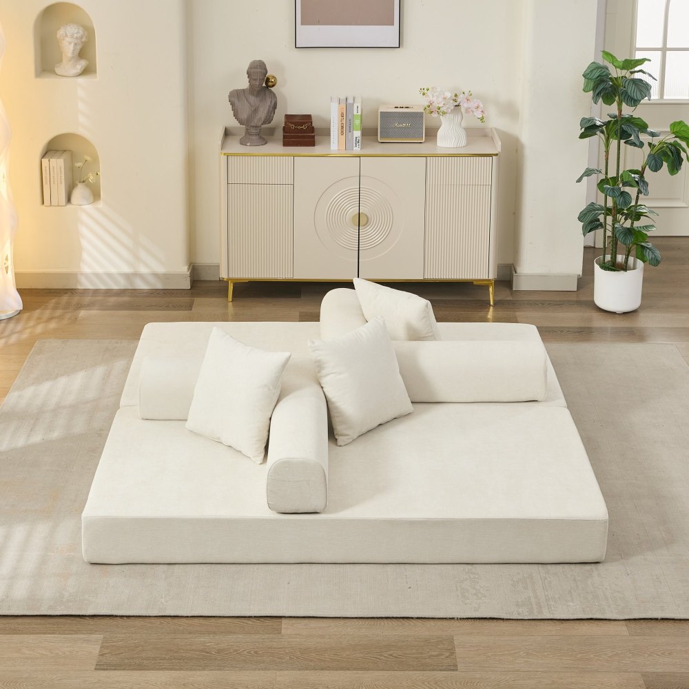 Comfy Convertible Folding Mattress Couch, Floor Sofa Bed, Chenille Floor Sofa with Armrest, Floor Sofa Lounge Couch for Living Room Bedroom Lounge Studio-Beige