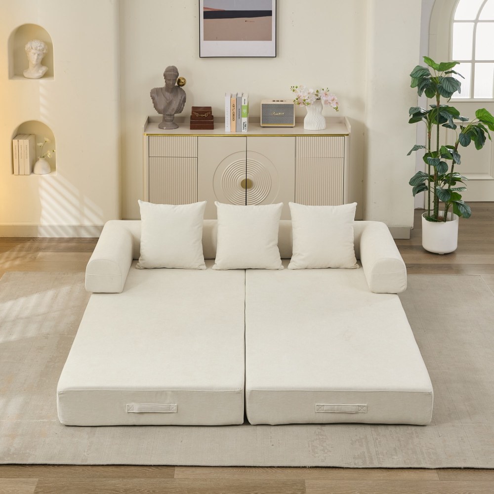 Comfy Convertible Folding Mattress Couch, Floor Sofa Bed, Chenille Floor Sofa with Armrest, Floor Sofa Lounge Couch for Living Room Bedroom Lounge Studio-Beige