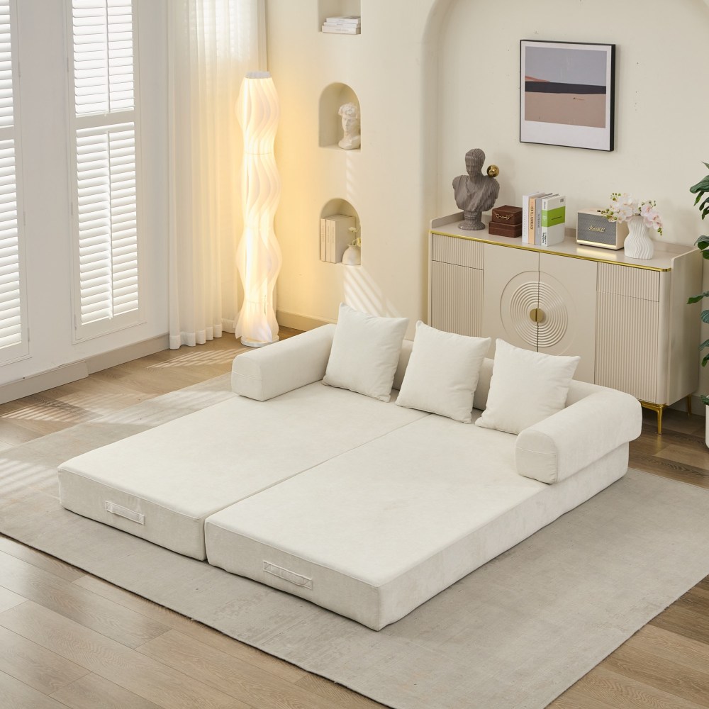 Comfy Convertible Folding Mattress Couch, Floor Sofa Bed, Chenille Floor Sofa with Armrest, Floor Sofa Lounge Couch for Living Room Bedroom Lounge Studio-Beige